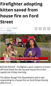 Firefighter adopting kitten saved from house fire on Ford Street